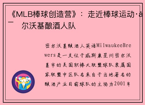 《MLB棒球创造营》：走近棒球运动·密尔沃基酿酒人队