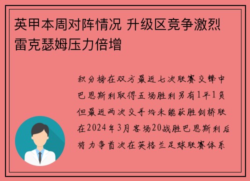 英甲本周对阵情况 升级区竞争激烈 雷克瑟姆压力倍增