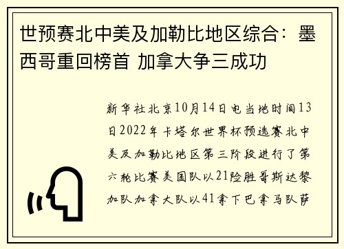 世预赛北中美及加勒比地区综合：墨西哥重回榜首 加拿大争三成功