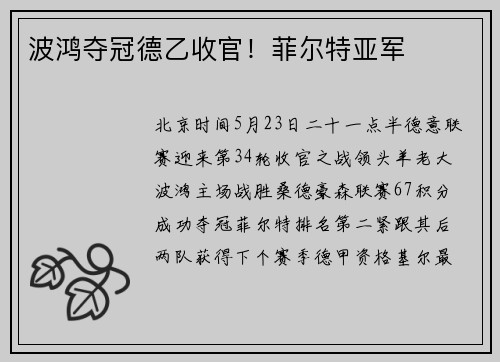 波鸿夺冠德乙收官！菲尔特亚军