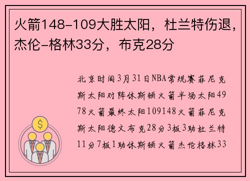 火箭148-109大胜太阳，杜兰特伤退，杰伦-格林33分，布克28分